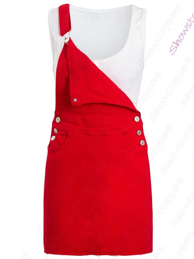 Womens Denim Dress Ladies Stretch Sleeveless Dungaree Dresses Size 8 10 12 14 Red Black