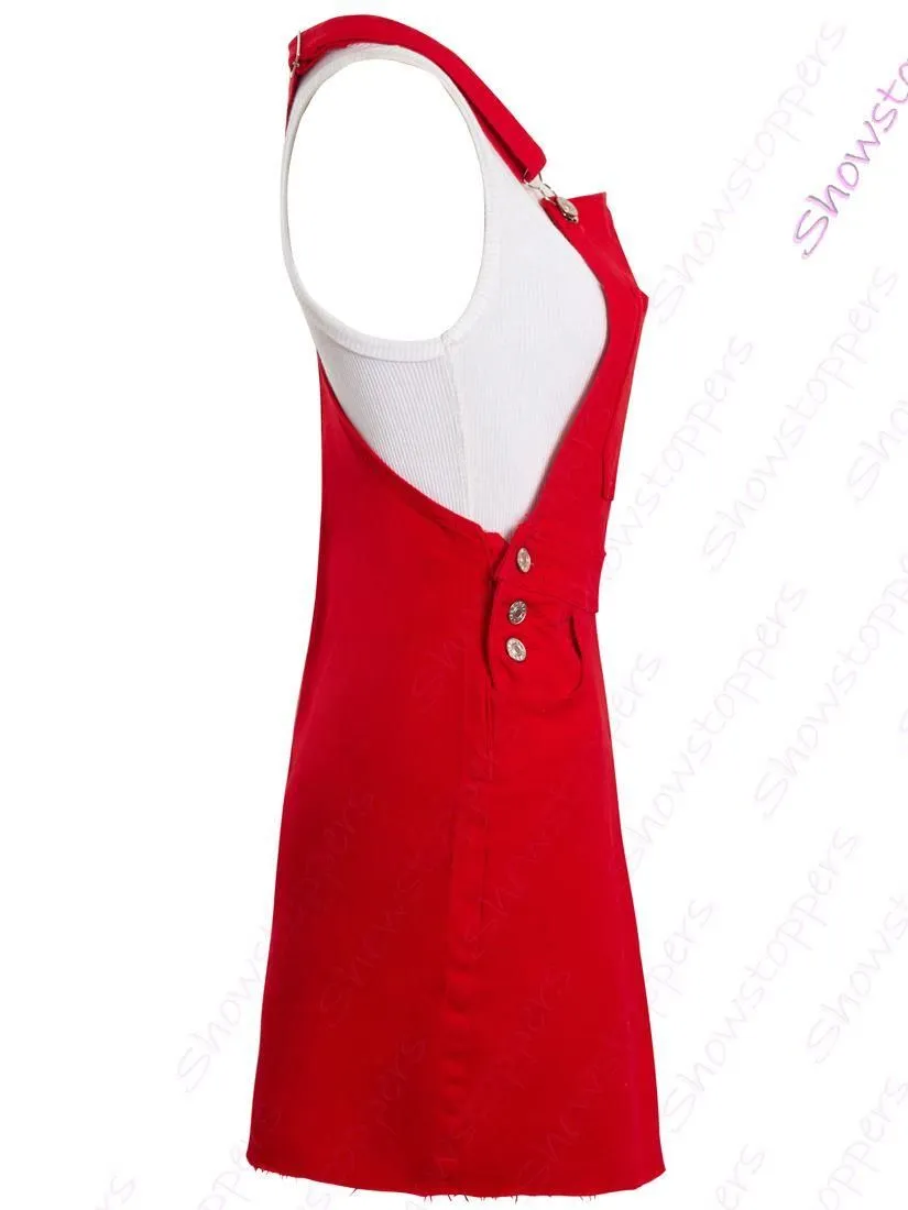 Womens Denim Dress Ladies Stretch Sleeveless Dungaree Dresses Size 8 10 12 14 Red Black