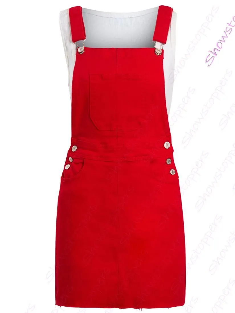 Womens Denim Dress Ladies Stretch Sleeveless Dungaree Dresses Size 8 10 12 14 Red Black