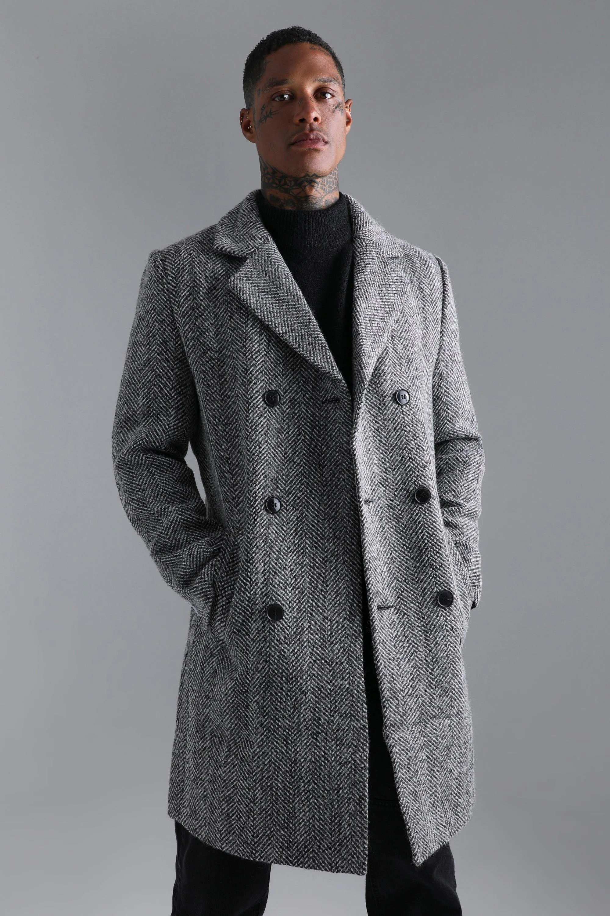 Wool Blend Herringbone Double Breasted Overcoat | boohooMAN UK