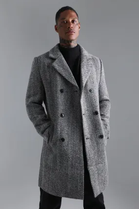 Wool Blend Herringbone Double Breasted Overcoat | boohooMAN UK