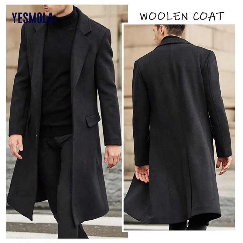 Xituodai Autumn Winter Mens Coat Solid Long Sleeve Woolen Jackets Fleece Men Overcoat Streetwear Fashion Long Trench Outerwear