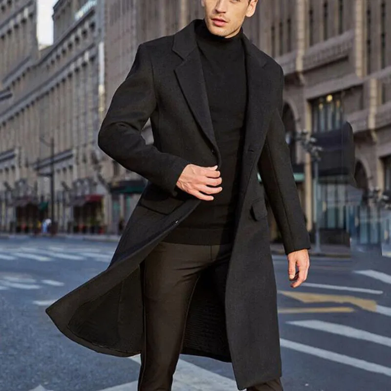 Xituodai Autumn Winter Mens Coat Solid Long Sleeve Woolen Jackets Fleece Men Overcoat Streetwear Fashion Long Trench Outerwear