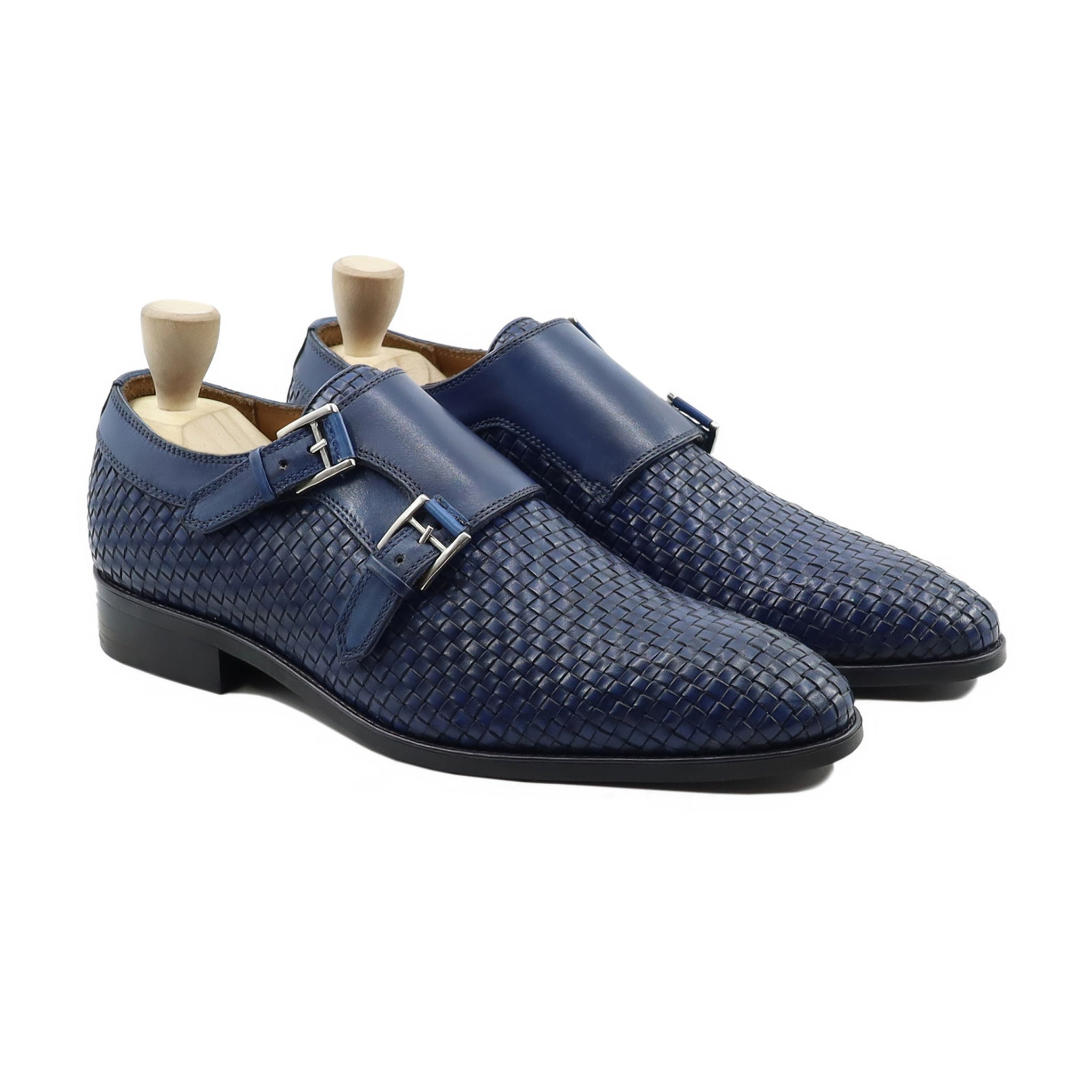 Zonite - Men's Blue Calf and Hand Woven Leather Double Monkstrap